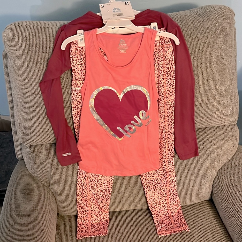 Activewear LOVE 3pc Set TANK L/S Top PANTS Girl’s M 10/12 RBX Live Life Active